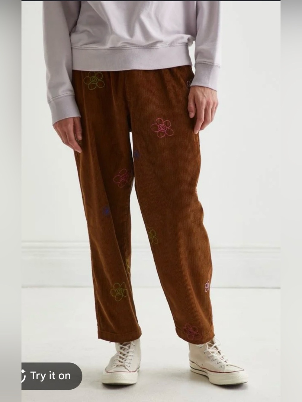URBAN OUTFITTERS Chocolate Embroidered Corduroy Beach Pants Relaxed Boho Floral